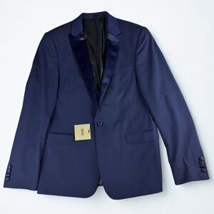 ASOS Tuxedo Blazer Mens Navy Blue Satin Peak Lapel Formal Jacket Single Button